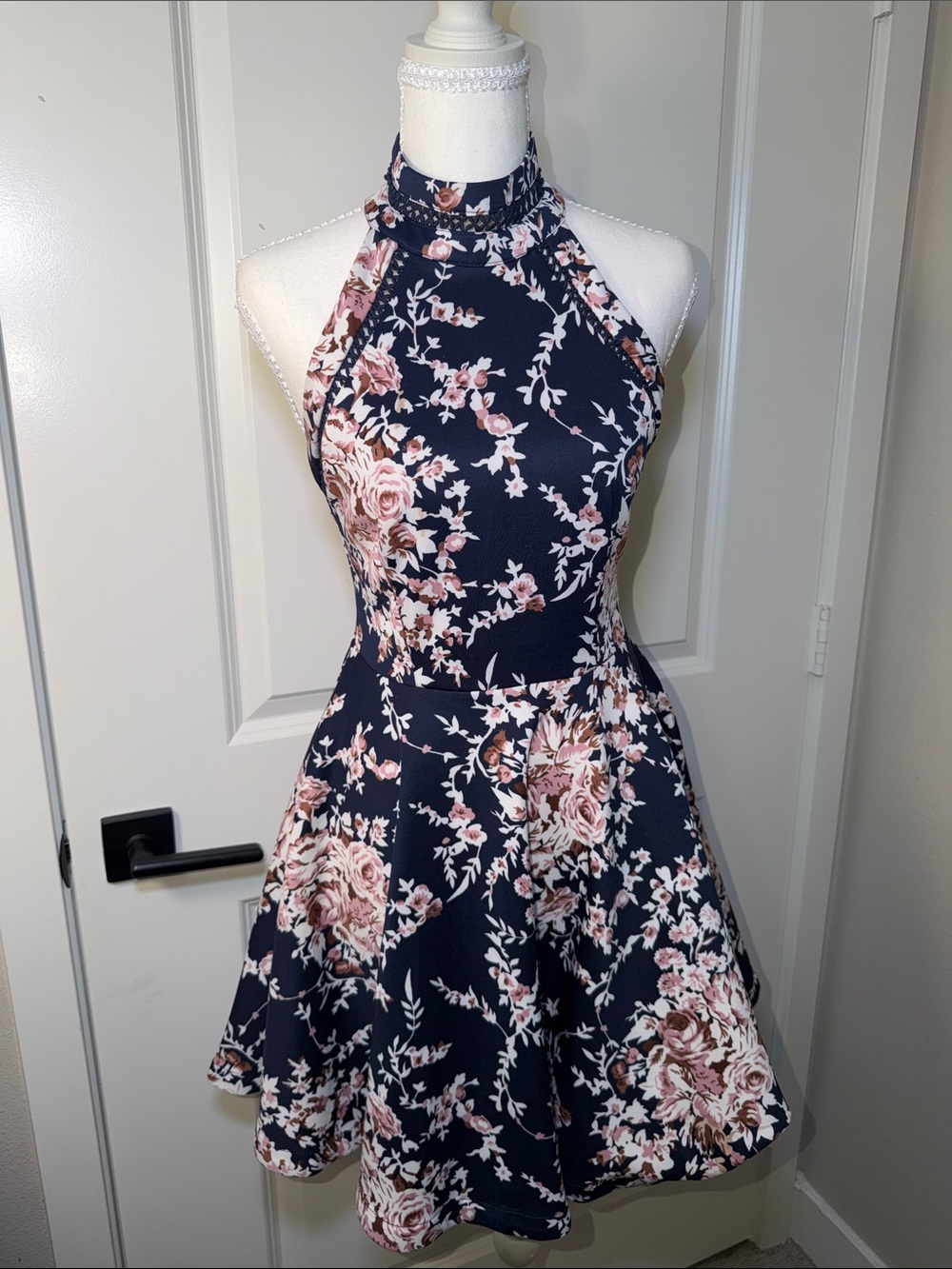 Halter Fit & Flare Mini Dress in Navy with Pink Floral Print